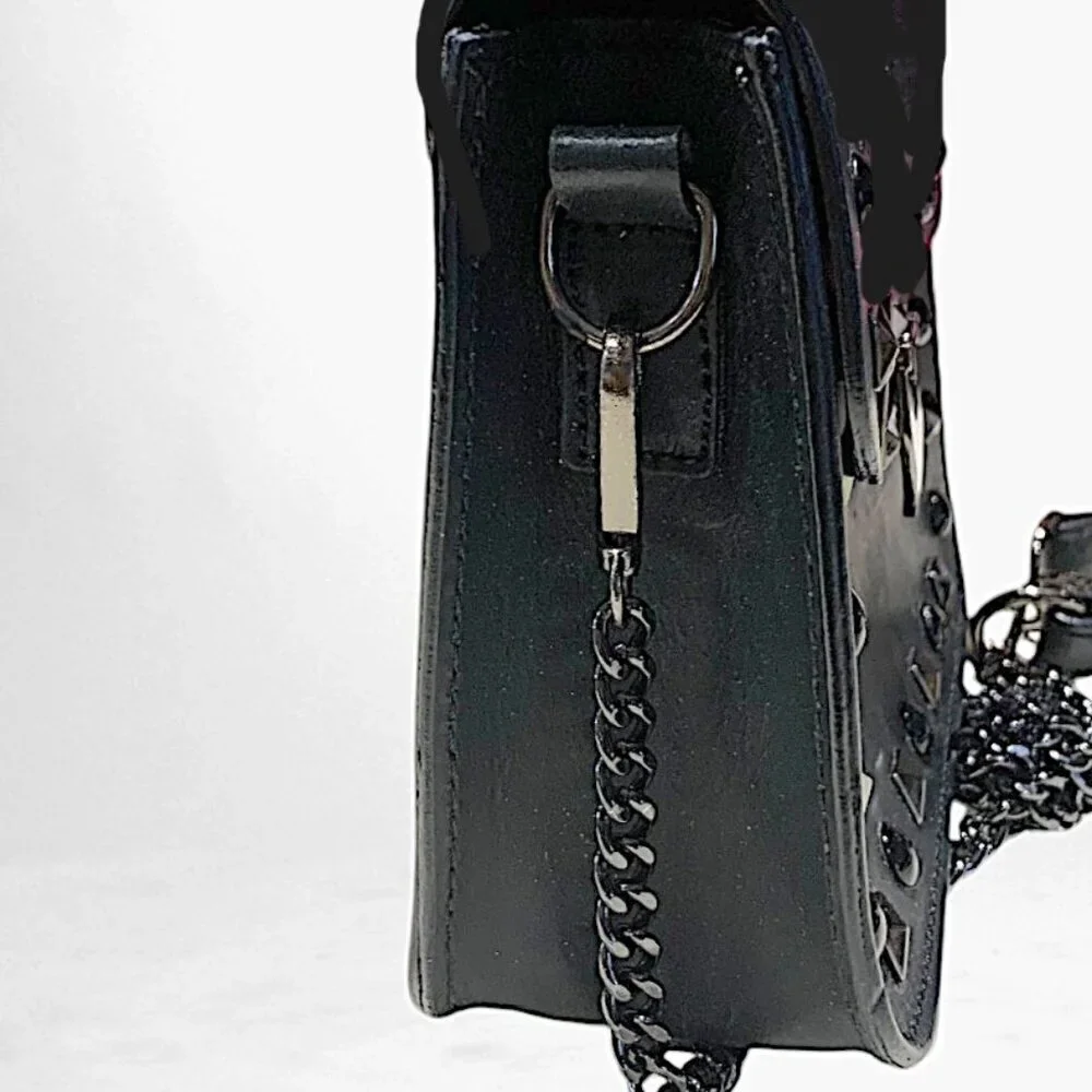 Borse in Pelle Black Studded Matte Leather Crossbody Bag w/Chainstrap